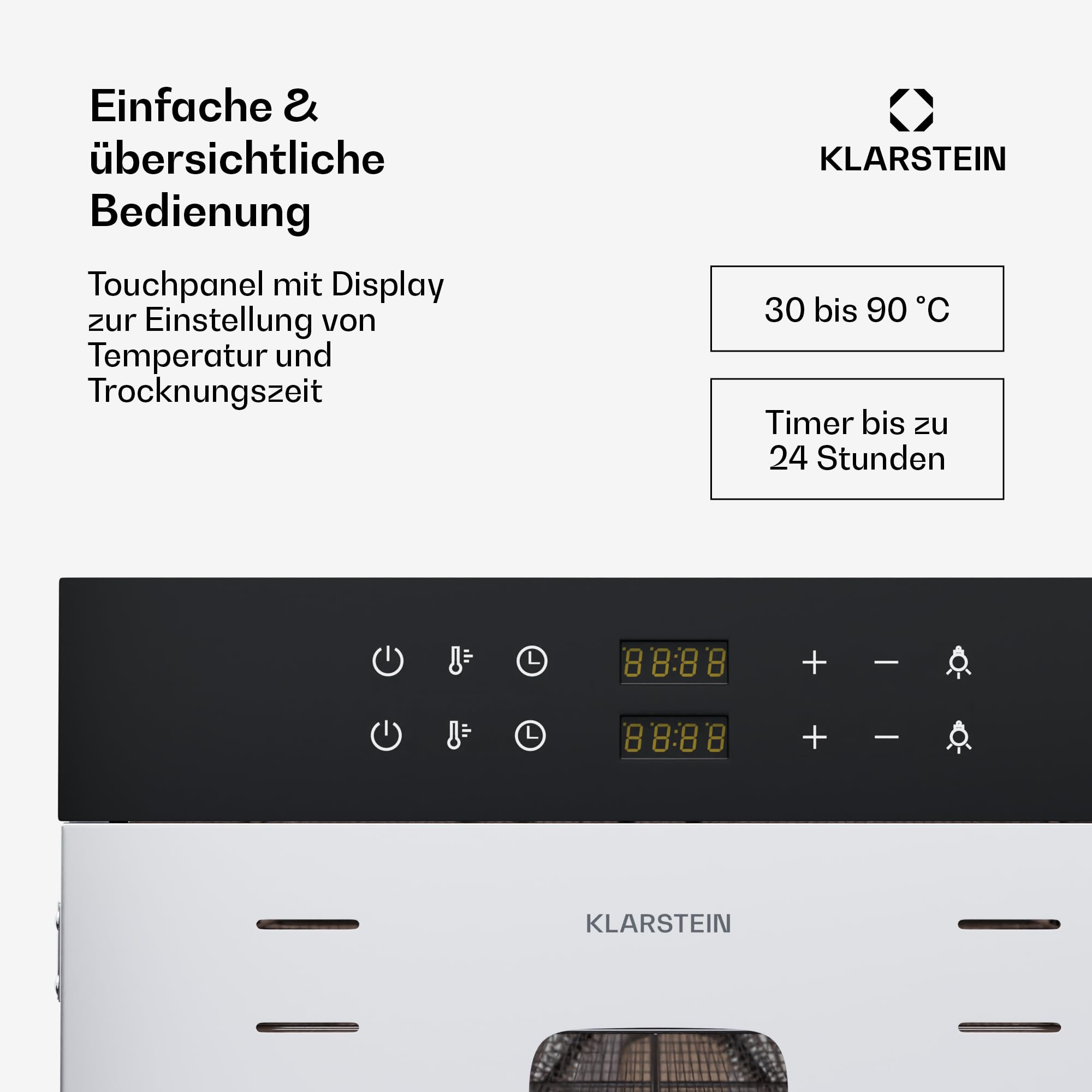 Klarstein Dörrautomat Edelstahl – 4.000-W-Dörrgerät, 48 Edelstahl-Einlegeböden, 30–90 °C, 24-Stunden-Timer, 6 Ventilatoren, 2 Trockenkammern, 50–55 dB, ideal für Obst, Gemüse, Fleisch, Kräuter, Silber