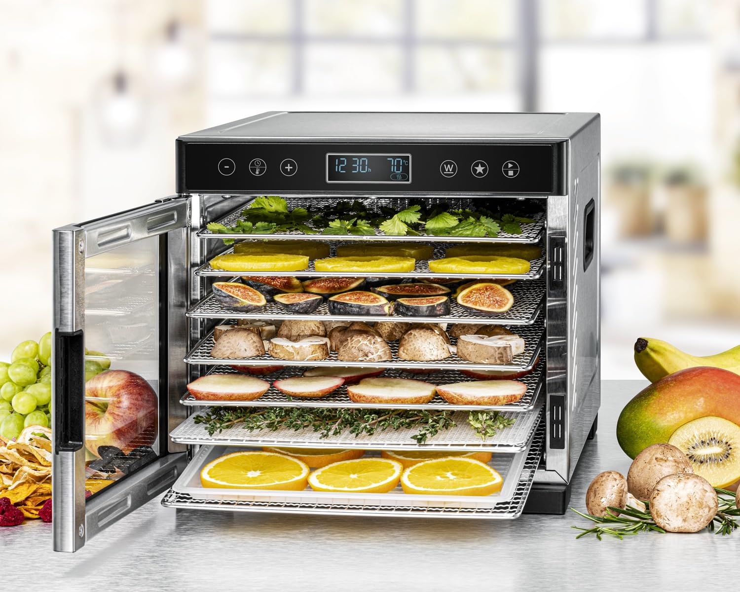 ROMMELSBACHER Dörrautomat DA 1000, XXL-Dörrfläche 1,6 m², inkl. 10 Edelstahl-Dörrtabletts, 2 Dörrgitter, 2 Dörrmatten, LED-Display, 24 Std. Zeitschaltuhr, Temperatur einstellbar (35 °C – 75 °C)