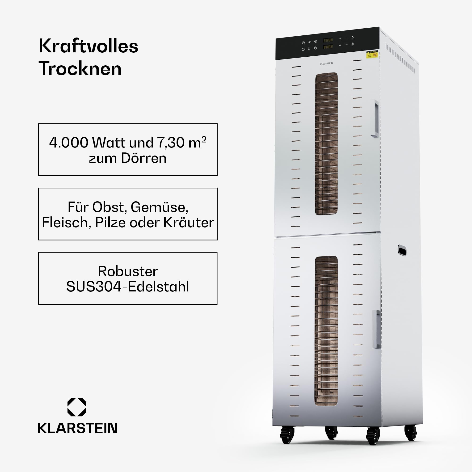 Klarstein Dörrautomat Edelstahl – 4.000-W-Dörrgerät, 48 Edelstahl-Einlegeböden, 30–90 °C, 24-Stunden-Timer, 6 Ventilatoren, 2 Trockenkammern, 50–55 dB, ideal für Obst, Gemüse, Fleisch, Kräuter, Silber