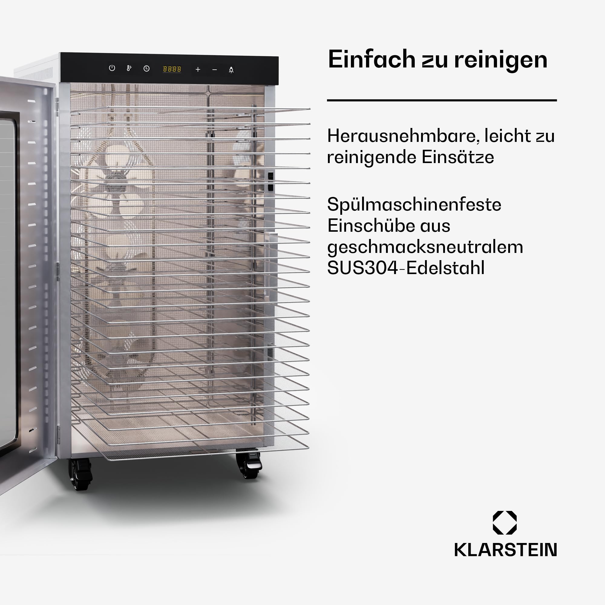 Klarstein Dörrautomat Edelstahl – 4.000-W-Dörrgerät, 48 Edelstahl-Einlegeböden, 30–90 °C, 24-Stunden-Timer, 6 Ventilatoren, 2 Trockenkammern, 50–55 dB, ideal für Obst, Gemüse, Fleisch, Kräuter, Silber