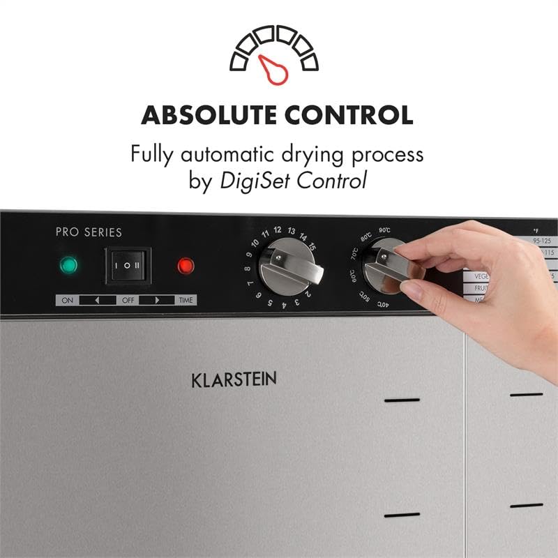 Klarstein Dörrautomat Edelstahl – 4.000-W-Dörrgerät, 48 Edelstahl-Einlegeböden, 30–90 °C, 24-Stunden-Timer, 6 Ventilatoren, 2 Trockenkammern, 50–55 dB, ideal für Obst, Gemüse, Fleisch, Kräuter, Silber