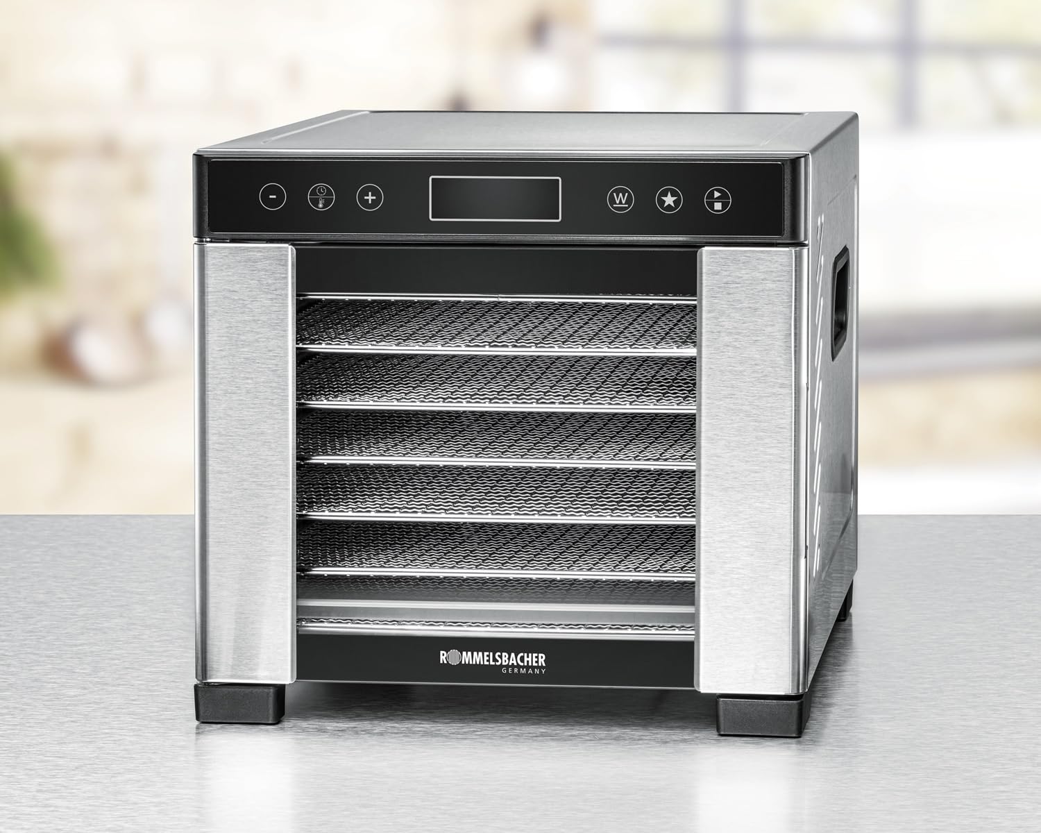 ROMMELSBACHER Dörrautomat DA 1000, XXL-Dörrfläche 1,6 m², inkl. 10 Edelstahl-Dörrtabletts, 2 Dörrgitter, 2 Dörrmatten, LED-Display, 24 Std. Zeitschaltuhr, Temperatur einstellbar (35 °C – 75 °C)