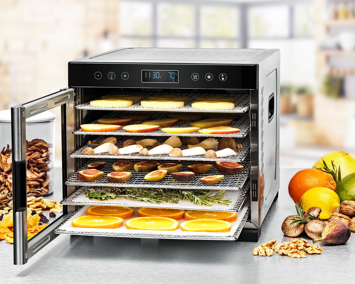 ROMMELSBACHER Dörrautomat DA 1000, XXL-Dörrfläche 1,6 m², inkl. 10 Edelstahl-Dörrtabletts, 2 Dörrgitter, 2 Dörrmatten, LED-Display, 24 Std. Zeitschaltuhr, Temperatur einstellbar (35 °C – 75 °C)