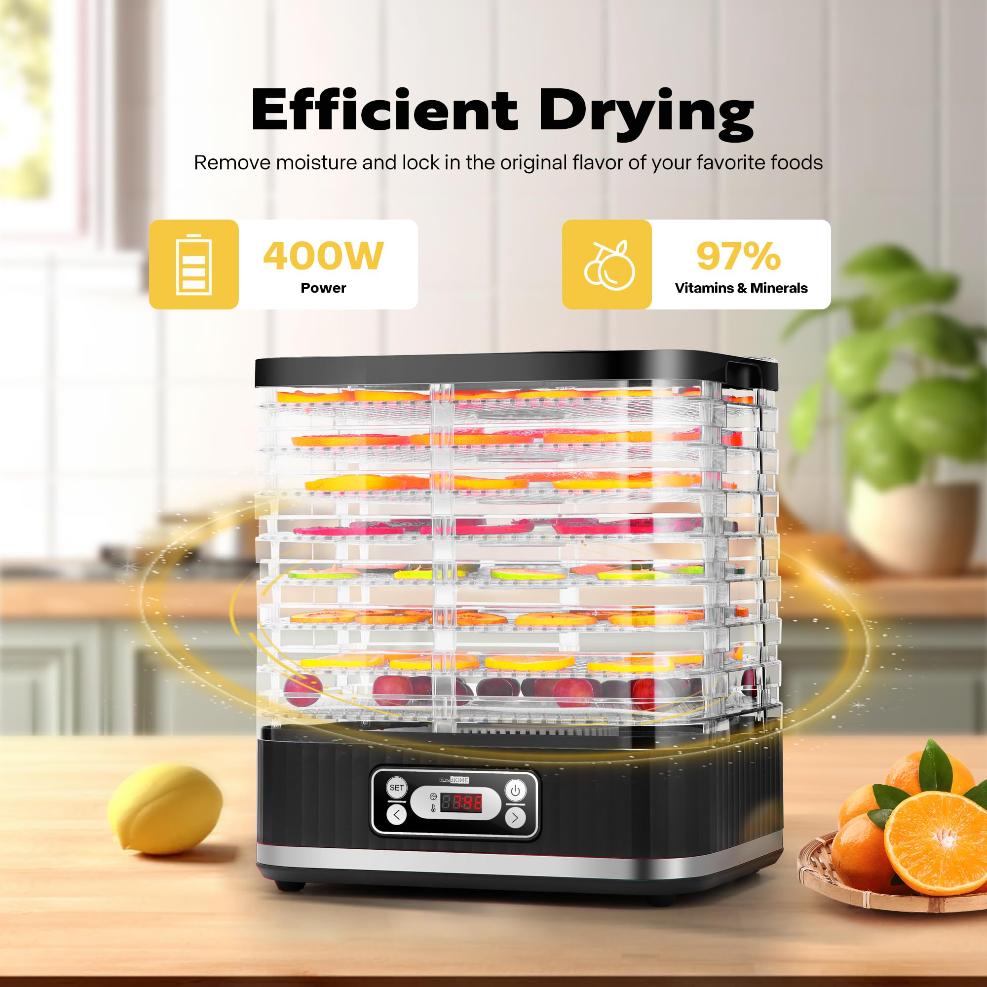 VIVOHOME Dörrautomat mit 8 Einlegefächern 400W BPA frei Dörrgerät mit Temperaturregler von 35°C bis 70°C inkl.72H Timer und Rezept für Fleisch,Obst,Haustier-Leckereiene